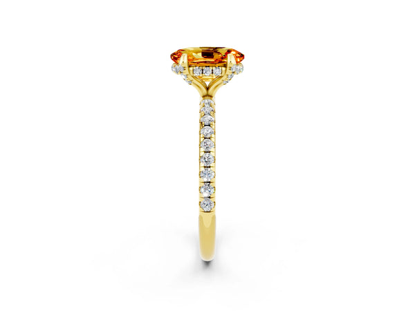 Yellow gold Oval Cut Citrine Hidden Halo Engagement Ring with Round Pavé Band and Prong Setting