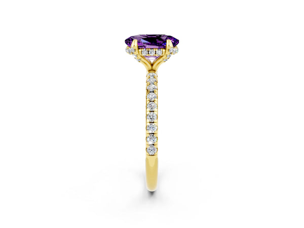 Yellow gold Oval Cut Amethyst Hidden Halo Engagement Ring with Round Pavé Band and Prong Setting