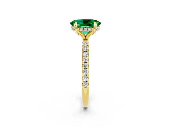 Yellow gold Oval Cut Emerald Hidden Halo Engagement Ring with Round Pavé Band and Prong Setting