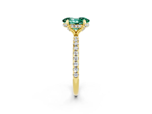 Yellow gold Oval Cut Green Sapphire Hidden Halo Engagement Ring with Round Pavé Band and Prong Setting