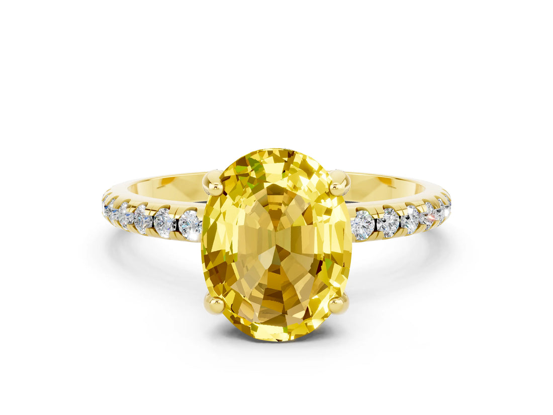 Yellow gold Oval Cut Diamond Solitaire Ring with Four-Prong Setting and Pavé Band