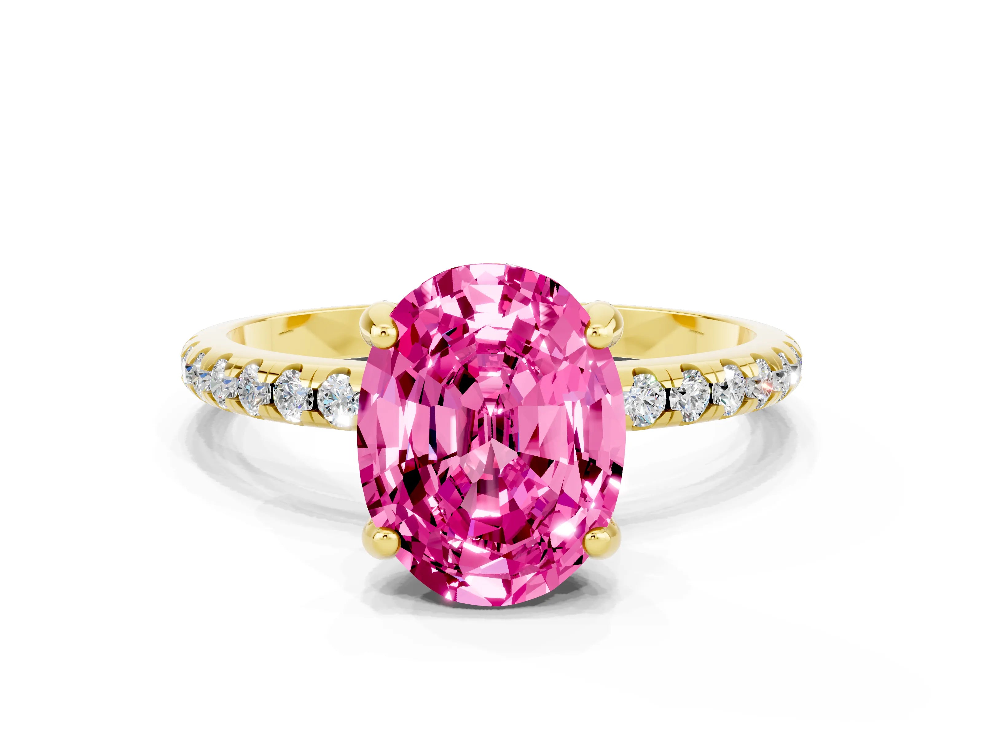 Yellow gold Oval Cut Diamond Solitaire Ring with Four-Prong Setting and Pavé Band