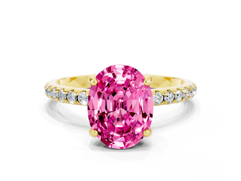 Yellow gold Oval Cut Diamond Solitaire Ring with Four-Prong Setting and Pavé Band