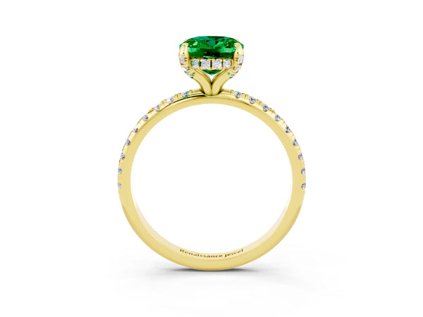 Yellow gold Oval Cut Emerald Hidden Halo Engagement Ring with Round Pavé Band and Prong Setting