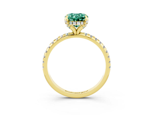 Yellow gold Oval Cut Green Sapphire Hidden Halo Engagement Ring with Round Pavé Band and Prong Setting