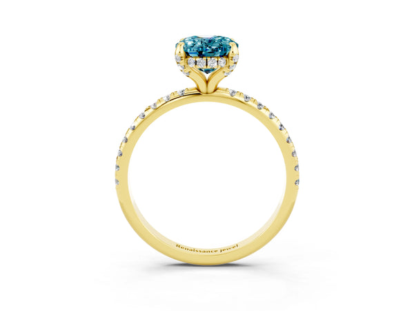 Yellow gold Oval Cut Diamond Solitaire Ring with Four-Prong Setting and Pavé Band