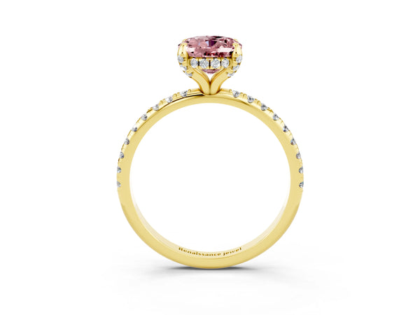 Yellow gold Oval Cut Diamond Solitaire Ring with Four-Prong Setting and Pavé Band