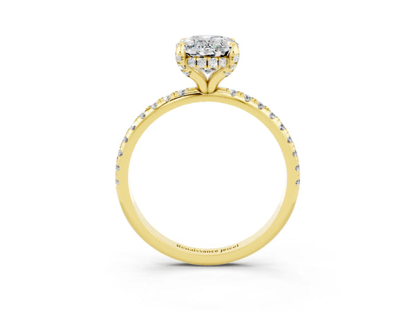 Yellow gold Oval Cut Moissanite Hidden Halo Engagement Ring with Round Pavé Band and Prong Setting