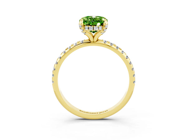 Yellow gold Oval Cut Diamond Solitaire Ring with Four-Prong Setting and Pavé Band