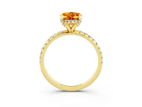 Yellow gold Oval Cut Citrine Hidden Halo Engagement Ring with Round Pavé Band and Prong Setting