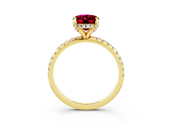 Yellow gold Oval Cut Garnet Hidden Halo Engagement Ring with Round Pavé Band and Prong Setting