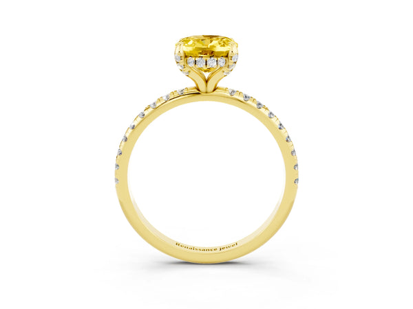 Yellow gold Oval Cut Yellow Sapphire Hidden Halo Engagement Ring with Round Pavé Band and Prong Setting