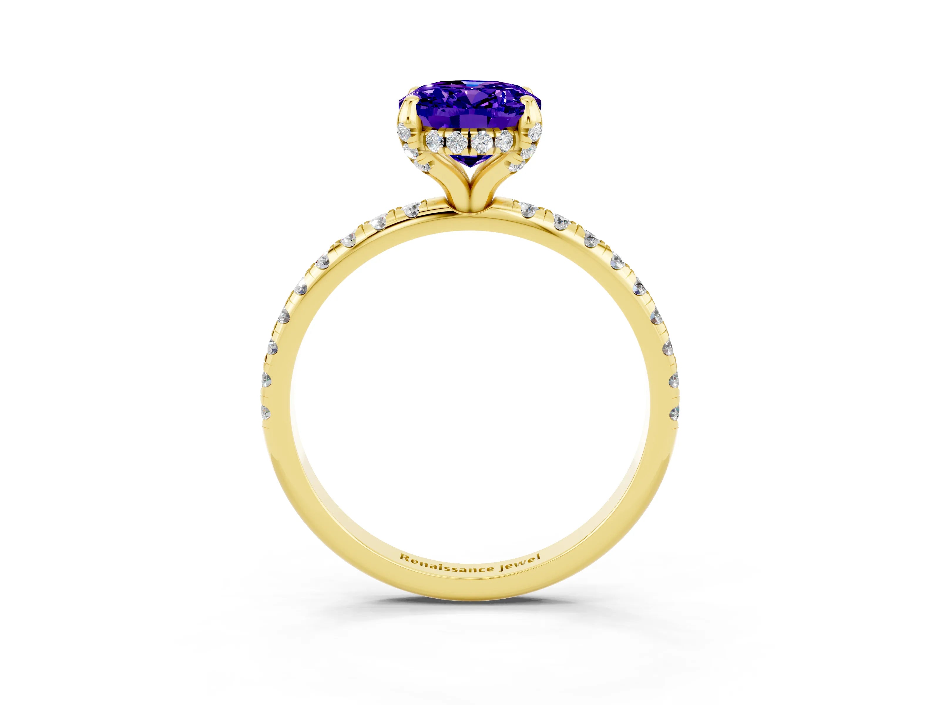 Yellow gold Oval Cut Diamond Solitaire Ring with Four-Prong Setting and Pavé Band_3