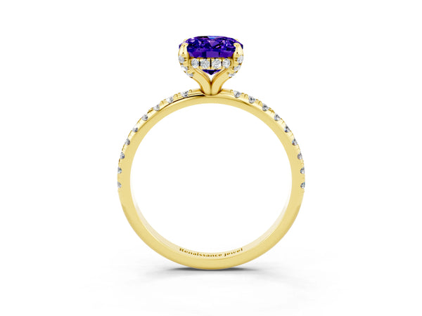 Yellow gold Oval Cut Tanzanite Hidden Halo Engagement Ring with Round Pavé Band and Prong Setting