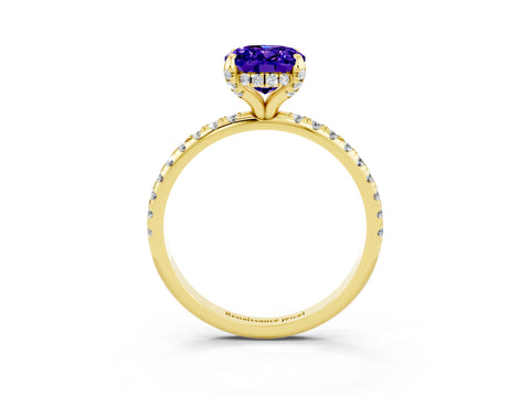 Yellow gold Oval Cut Diamond Solitaire Ring with Four-Prong Setting and Pavé Band_3
