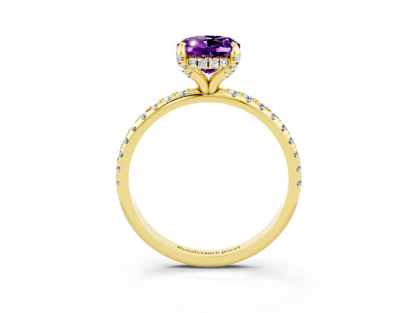 Yellow gold Oval Cut Amethyst Hidden Halo Engagement Ring with Round Pavé Band and Prong Setting