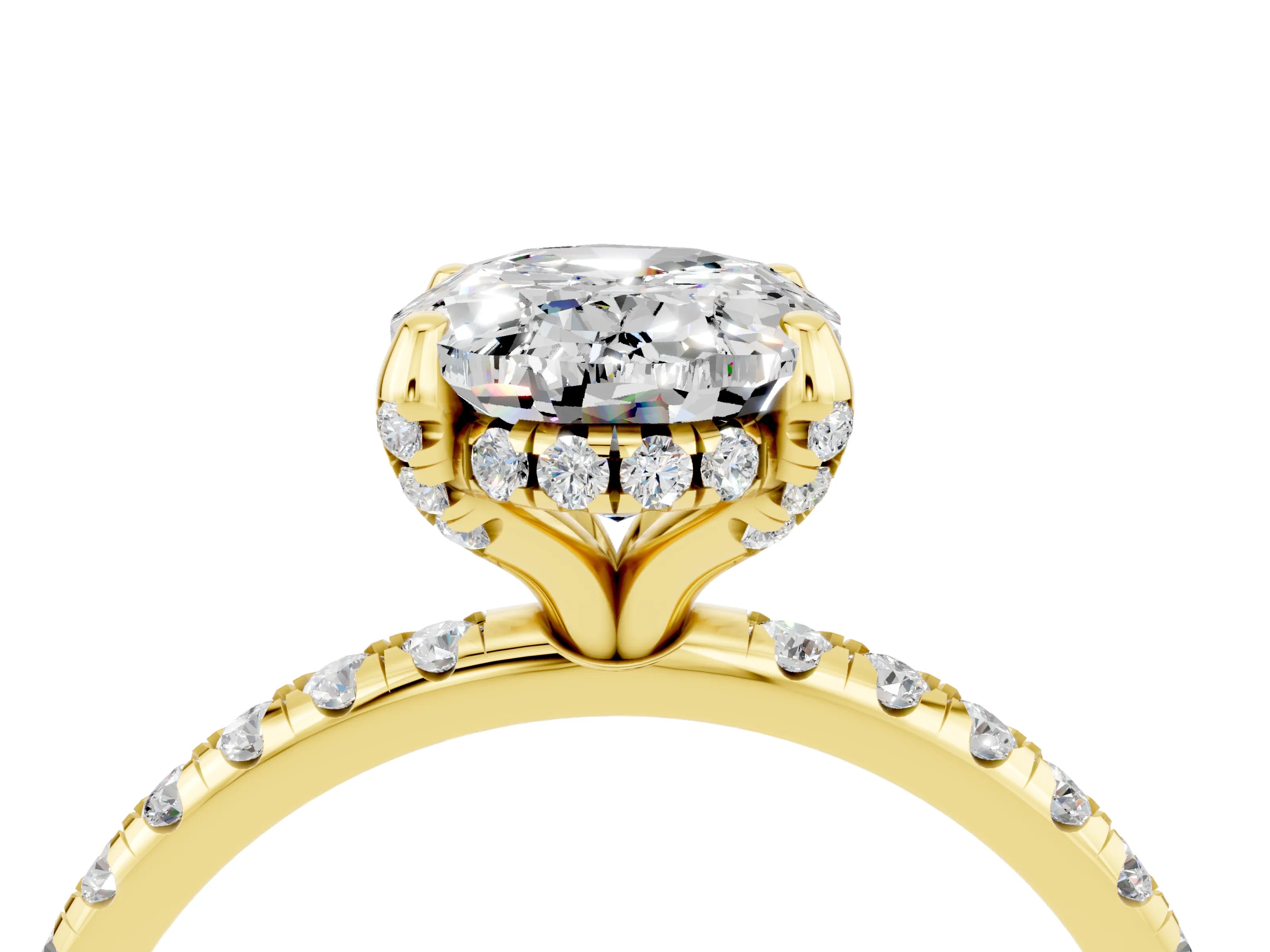 Yellow gold Oval Cut Diamond Solitaire Ring with Four-Prong Setting and Pavé Band_4