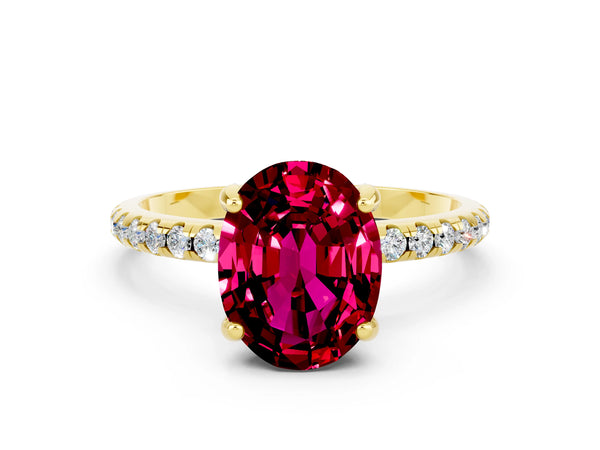 Yellow gold Oval Cut Garnet Hidden Halo Engagement Ring with Round Pavé Band and Prong Setting
