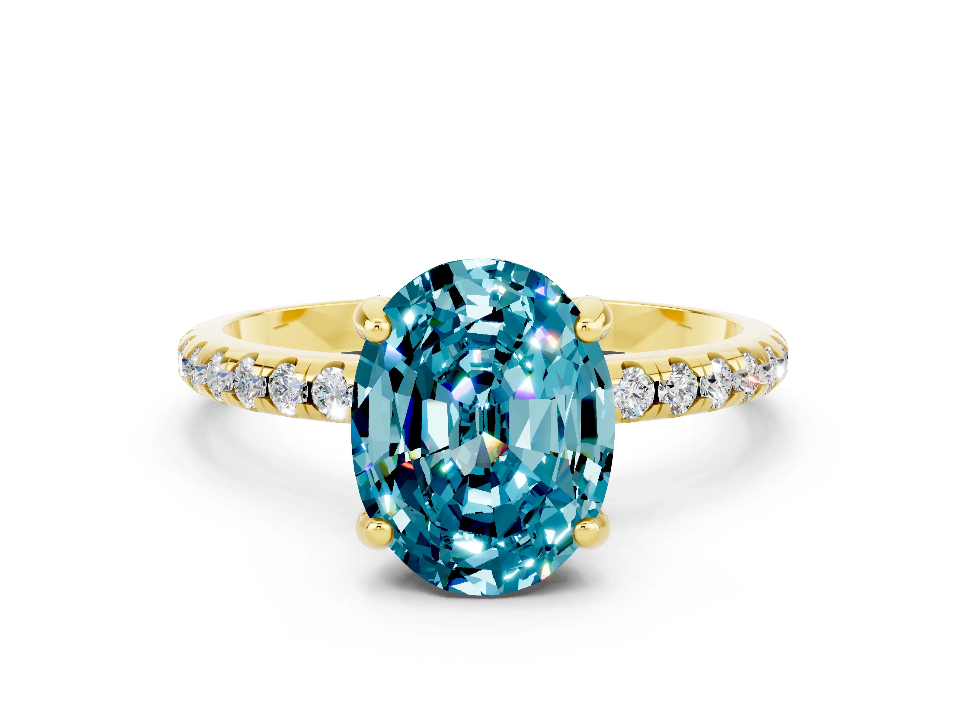 Yellow gold Oval Cut Diamond Solitaire Ring with Four-Prong Setting and Pavé Band