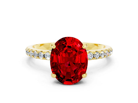 Yellow gold Oval Cut Diamond Solitaire Ring with Four-Prong Setting and Pavé Band