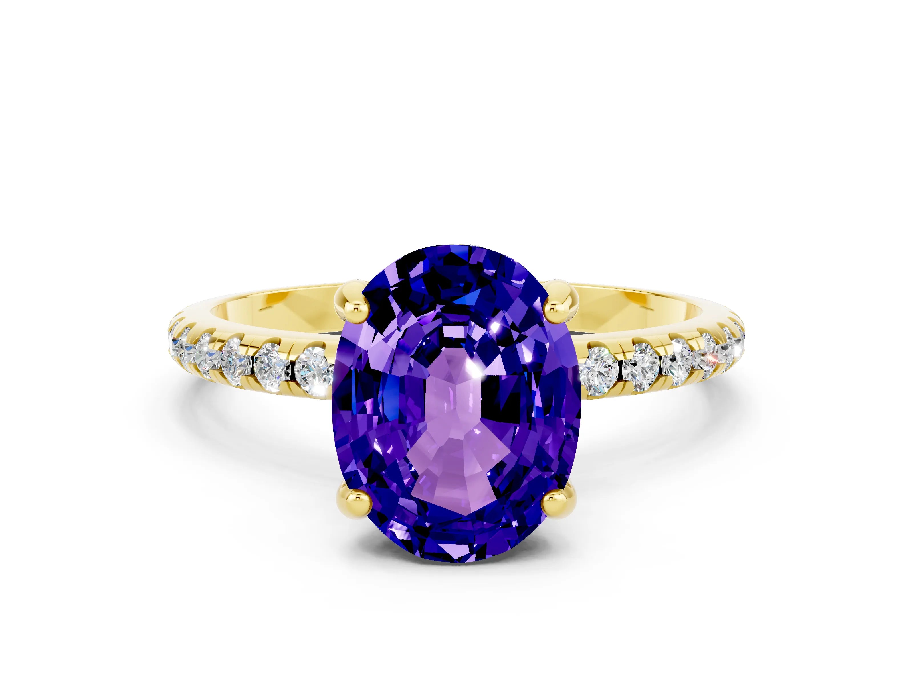 Yellow gold Oval Cut Diamond Solitaire Ring with Four-Prong Setting and Pavé Band