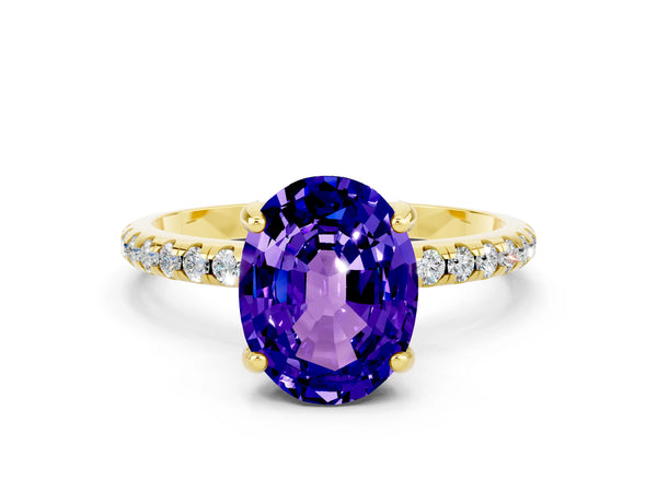 Yellow gold Oval Cut Tanzanite Hidden Halo Engagement Ring with Round Pavé Band and Prong Setting