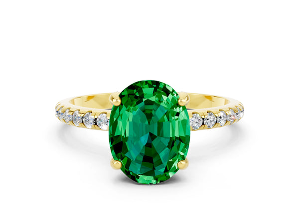 Yellow gold Oval Cut Emerald Hidden Halo Engagement Ring with Round Pavé Band and Prong Setting