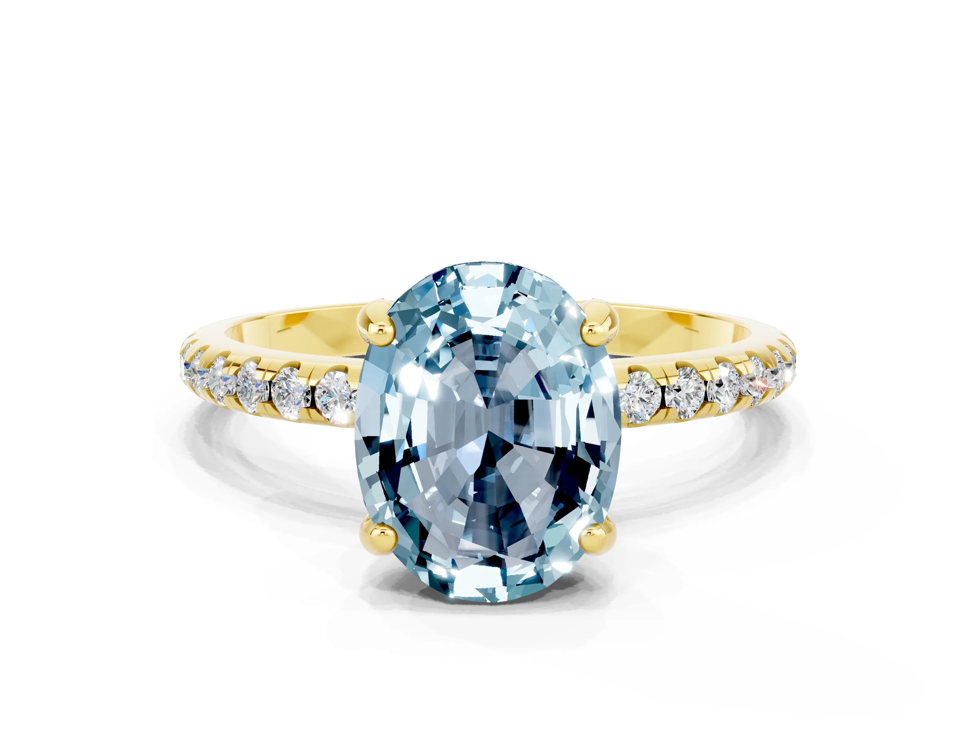 Yellow gold Oval Cut Diamond Solitaire Ring with Four-Prong Setting and Pavé Band