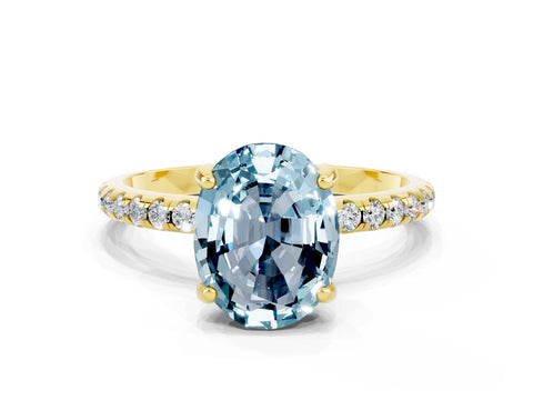 Yellow gold Oval Cut Diamond Solitaire Ring with Four-Prong Setting and Pavé Band