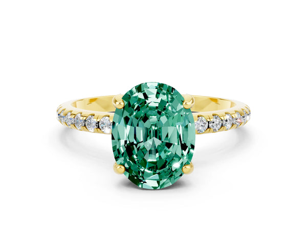 Yellow gold Oval Cut Green Sapphire Hidden Halo Engagement Ring with Round Pavé Band and Prong Setting