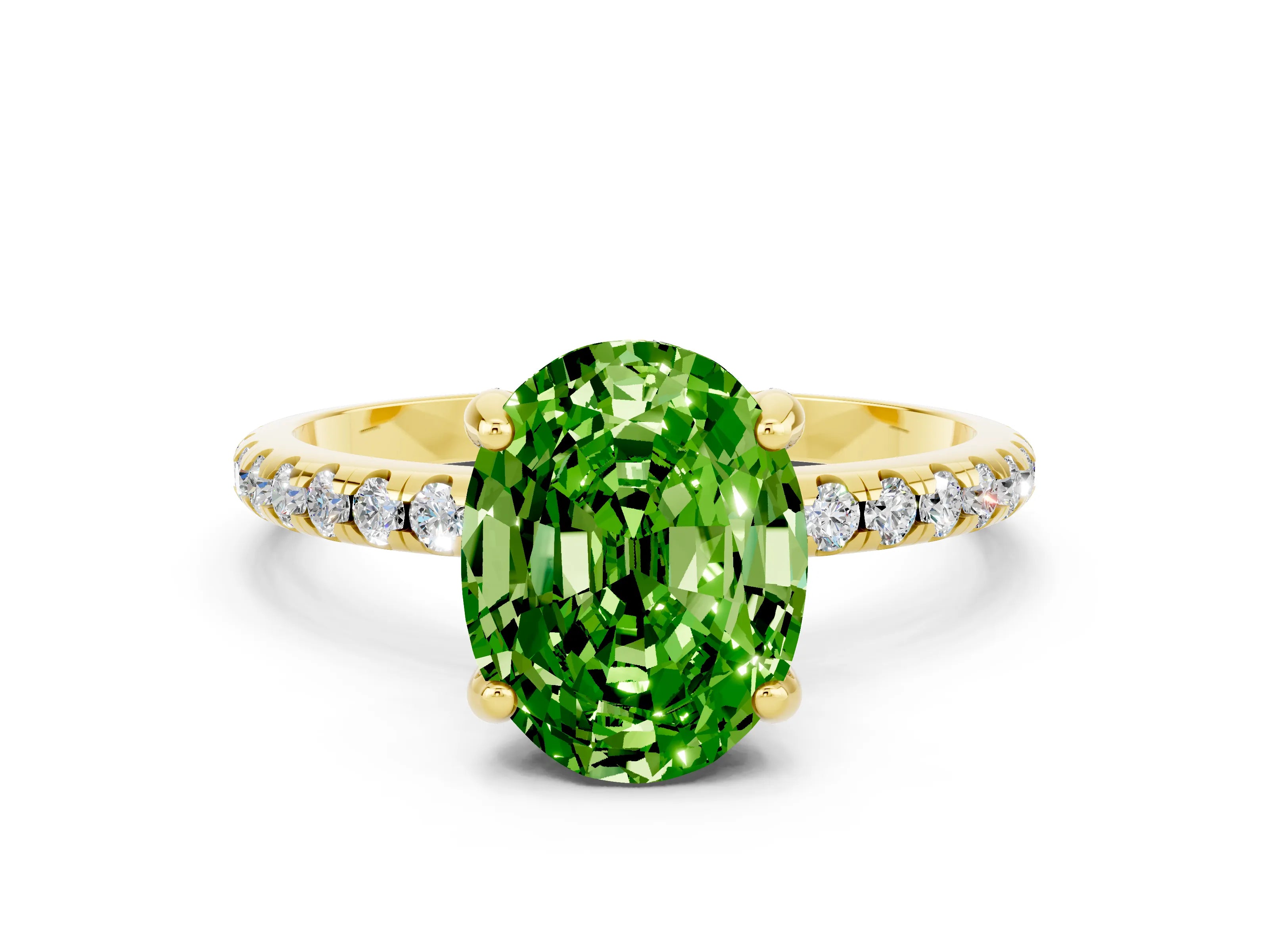 Yellow gold Oval Cut Diamond Solitaire Ring with Four-Prong Setting and Pavé Band