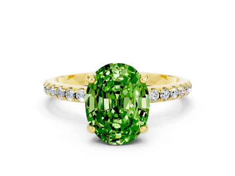 Yellow gold Oval Cut Diamond Solitaire Ring with Four-Prong Setting and Pavé Band