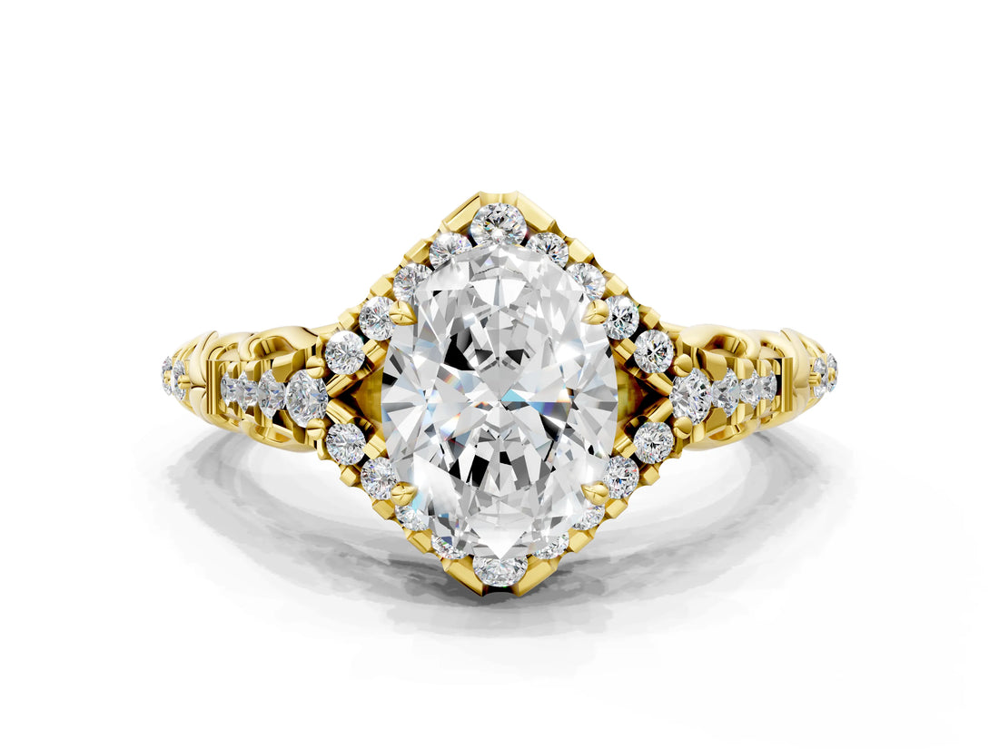 Yellow gold Oval Cut Diamond Solitaire Ring with Hidden Halo and Pavé Band_27