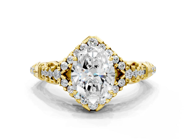 Yellow Gold Oval Hidden Halo Vintage Filigree Engagement Ring Setting with Pave Band