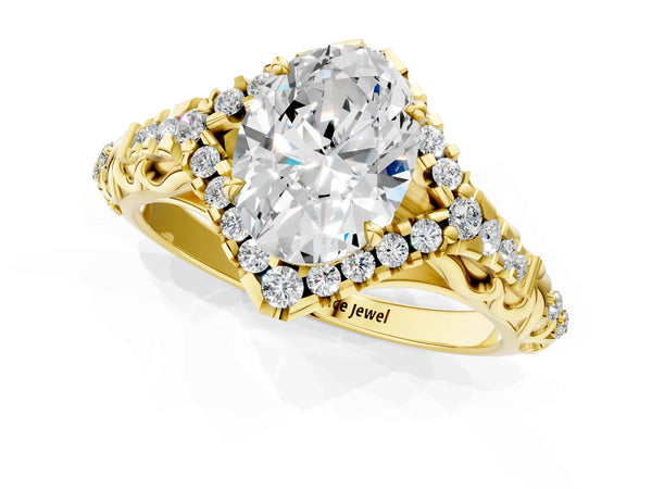 Yellow Gold Oval Hidden Halo Vintage Filigree Engagement Ring Setting with Pave Band