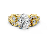 Yellow gold Oval Cut Diamond Solitaire Ring with Milgrain Pavé Band and Four-Prong Setting_179