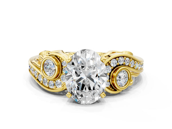 Yellow gold Oval Cut Diamond Solitaire Ring with Milgrain Pavé Band and Four-Prong Setting