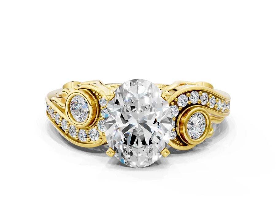 Yellow gold Oval Cut Diamond Solitaire Ring with Milgrain Pavé Band and Four-Prong Setting