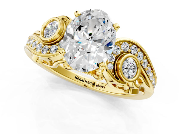 Yellow gold Oval Cut Diamond Solitaire Ring with Milgrain Pavé Band and Four-Prong Setting