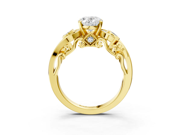 Yellow gold Oval Cut Diamond Solitaire Ring with Milgrain Pavé Band and Four-Prong Setting