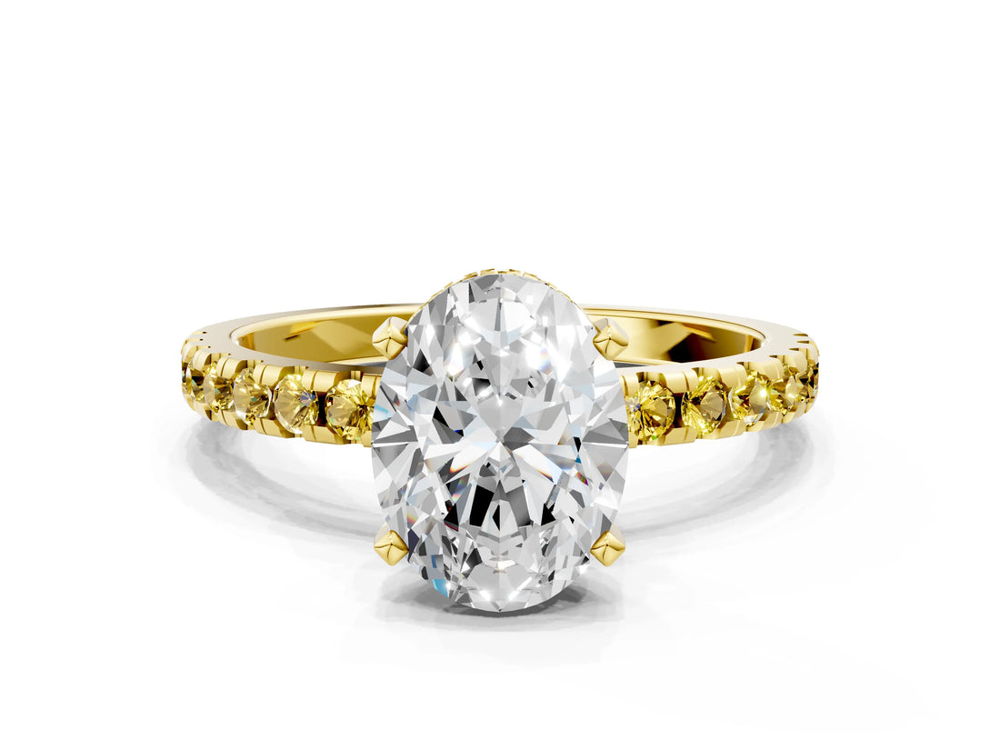 Yellow gold Oval Cut Diamond Solitaire Ring with Pavé Band and Four-Prong Setting