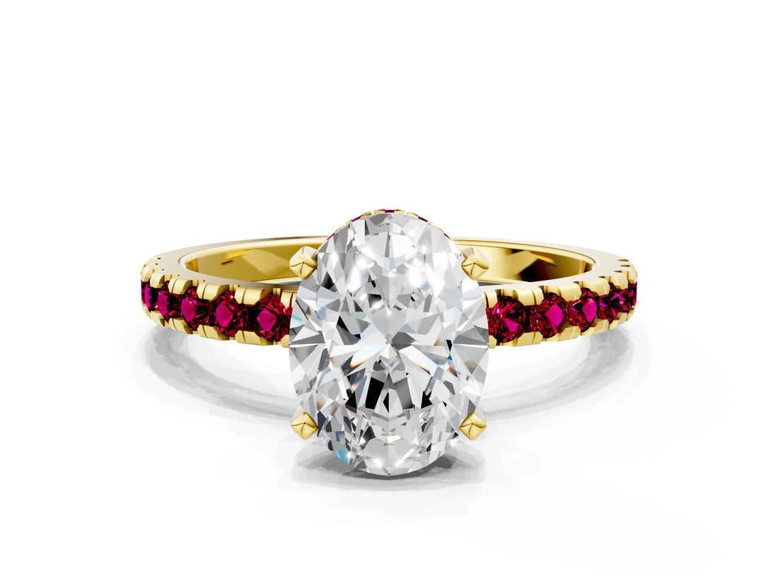 Yellow gold Oval Cut Diamond Solitaire Ring with Pavé Band and Four-Prong Setting