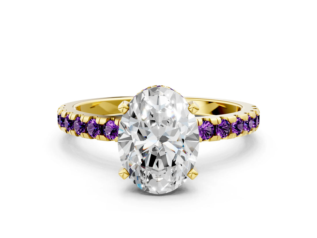 Yellow gold Oval Cut Diamond Solitaire Ring with Pavé Band and Four-Prong Setting