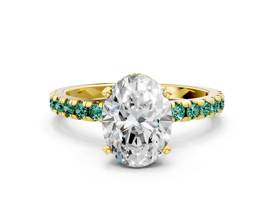 Yellow gold Oval Cut Diamond Solitaire Ring with Pavé Band and Four-Prong Setting