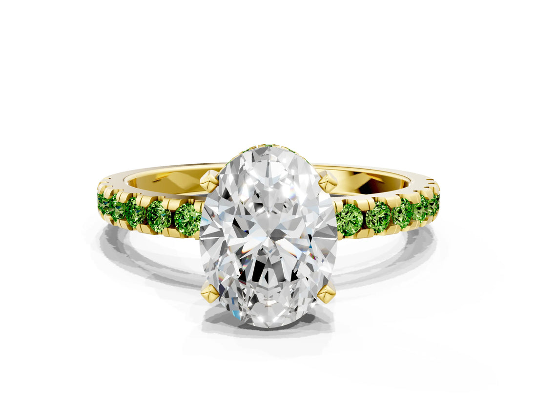 Yellow gold Oval Cut Diamond Solitaire Ring with Pavé Band and Four-Prong Setting