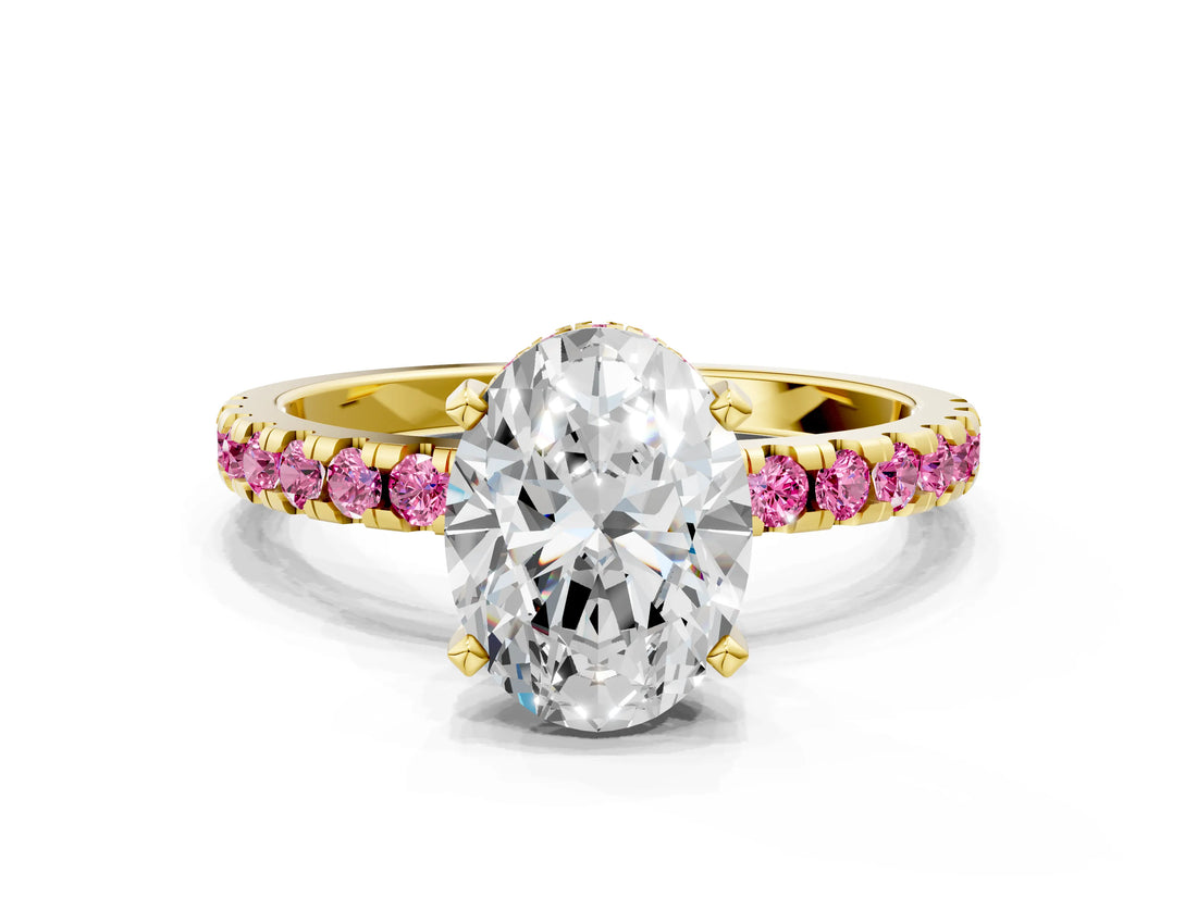 Yellow gold Oval Cut Diamond Solitaire Ring with Pavé Band and Four-Prong Setting