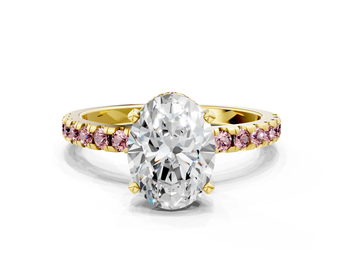 Yellow gold Oval Cut Diamond Solitaire Ring with Pavé Band and Four-Prong Setting