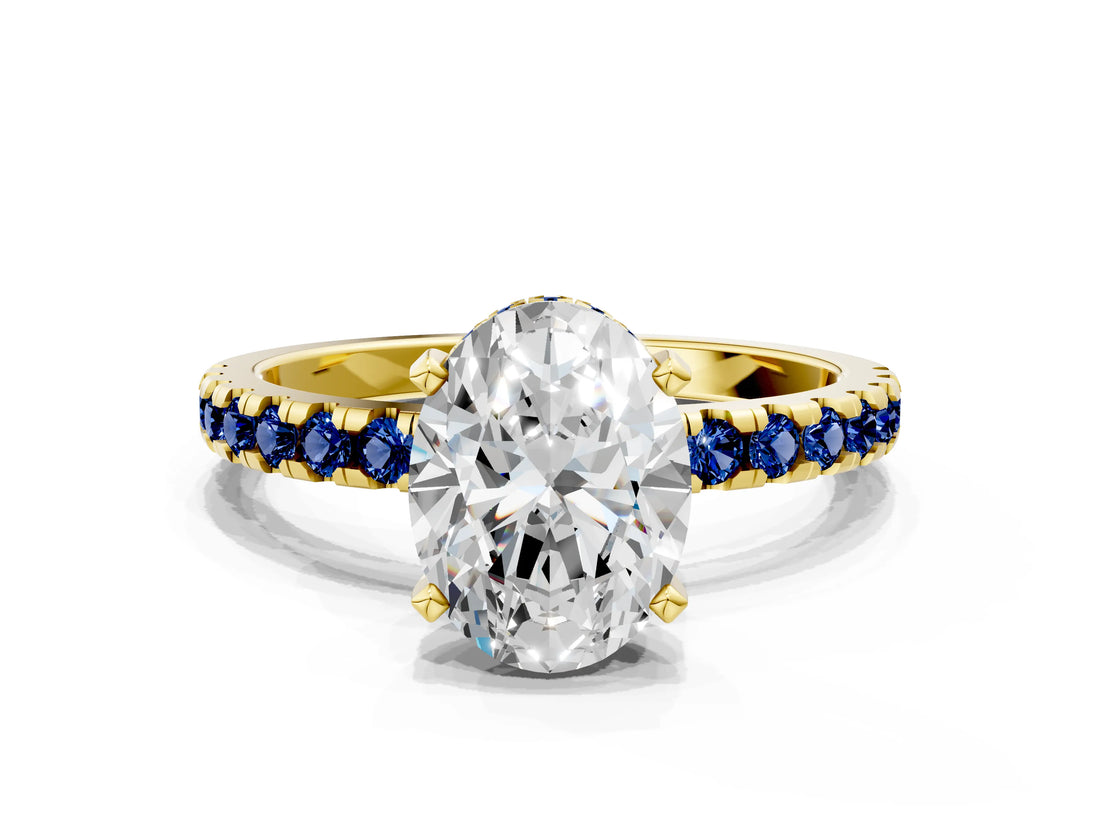 Yellow gold Oval Cut Diamond Solitaire Ring with Pavé Band and Four-Prong Setting