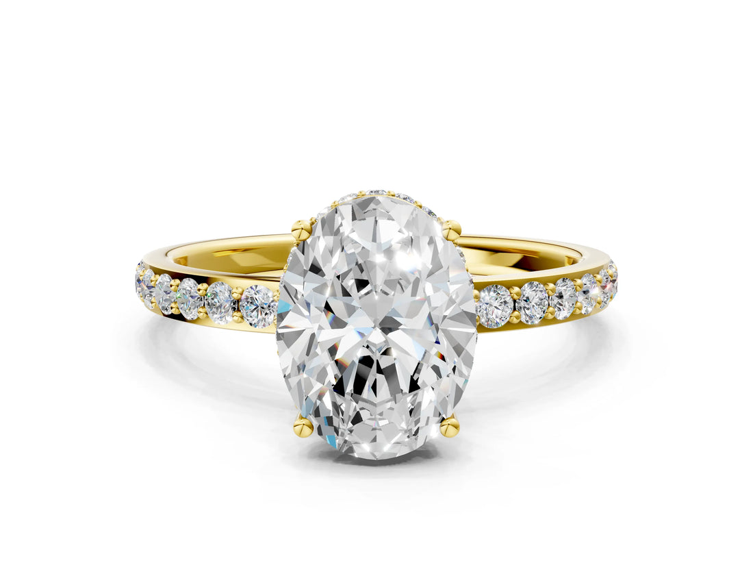 18K Yellow Gold 2.01 Carat D VVS1 Oval Diamond Solitaire Ring with Pavé Band and Hidden Halo