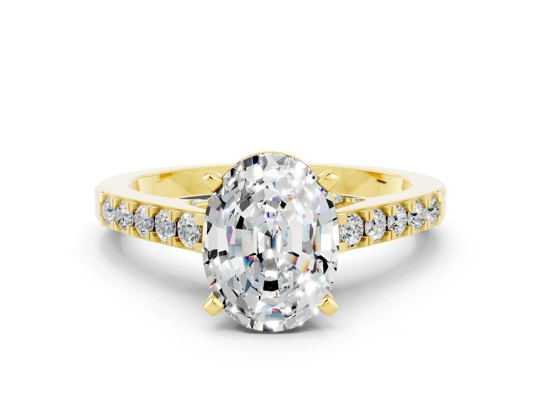 Yellow gold Oval Cut Diamond Solitaire Ring with Pavé Band and Prong Setting